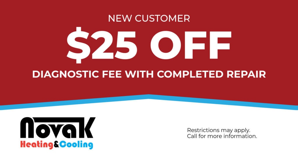 Novak Heating & Cooling special for $25 off a diagnostic fee with completed repair. New customers only. Call 330-414-2466.